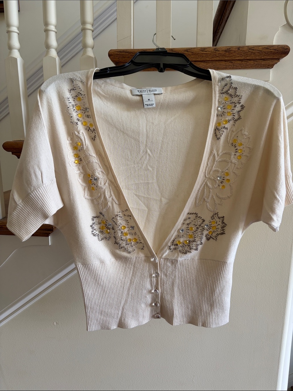 Embroidered Cream Short Sleeve Cardigan with Yellow Accents